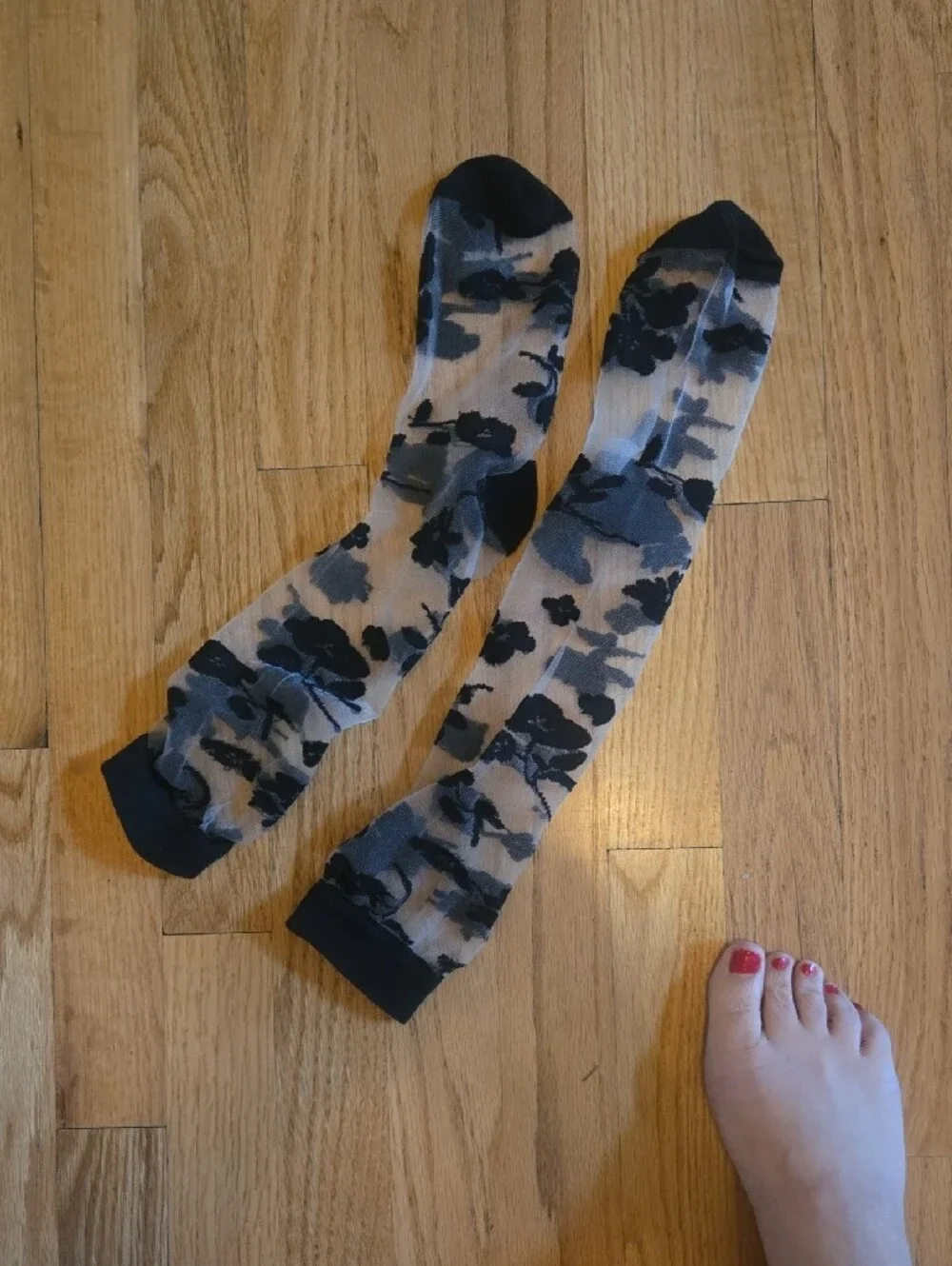 Women's Black And Sheer Floral Nylon Socks